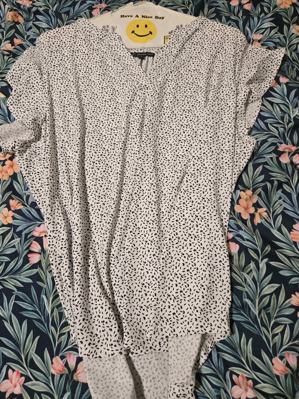 Adrianna Papell White V-Neck Blouse with Black Micro-Dash Print